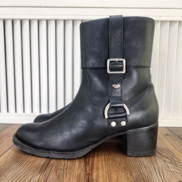 Harley-Davidson - Women’s Leather w/ Metal Buckle Black Heeled Boots - Size 8.5 - Picture 3 of 10